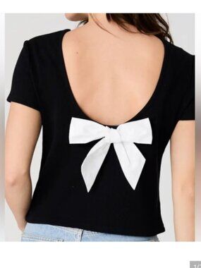 French Connection Black Ribbed Open Back With White Bow Tshirt Sz Large NWT